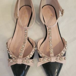 Kate Spade Becca black tan patent studded pointy bow ballet flats size 8.5